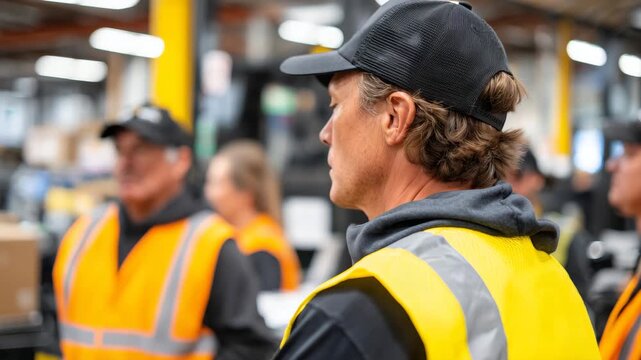 Workshop employees attending briefing on workplace safety protocols, rear view capturing attentive stance, fluorescent lighting casting reflections on equipment
