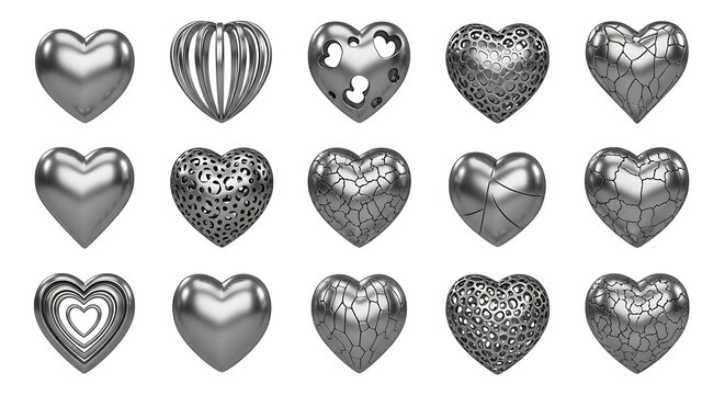 A collection of fifteen unique and intricately designed silver hearts, each showcasing a distinct pattern and texture