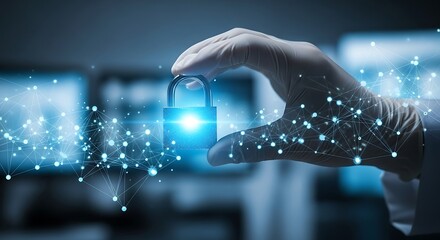 Doctor hand holding digital padlock, concept of data protection and cybersecurity
