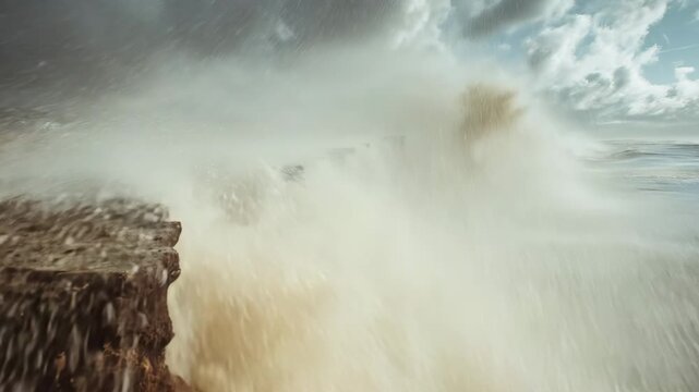 Ultra HD Dramatic coastal erosion scene featuring rugged cliffs, turbulent waves, and stormy skies, capturing the raw power and destructive beauty of natures relentless forces