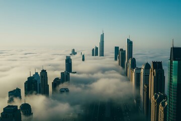 Dubai skyscrapers emerging from morning fog inversion aerial view