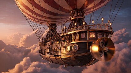 Majestic steampunk airship soaring above clouds at golden sunset