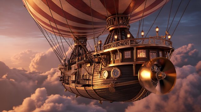 Majestic steampunk airship soaring above clouds at golden sunset