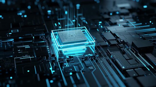 Futuristic computer chip design with glowing blue lights and circuit board technology