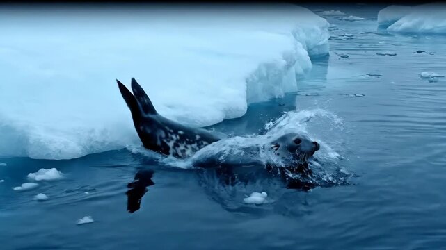 Leopard seal rests on a large ice floe, its spotted coat contrasting with the white ice and deep blue water, representing antarctic wildlife and the cold marine environment
