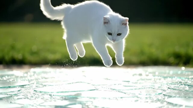 White cat in mid-air jumping over pieces of shattered glass with bright backlight, symbolizing fragility, danger, and a moment of decisive action outdoors