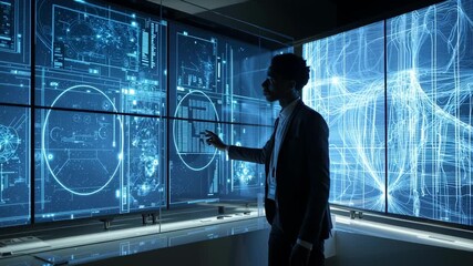 Innovative businessman interacting with futuristic technology display in a modern office environment - Powered by Adobe