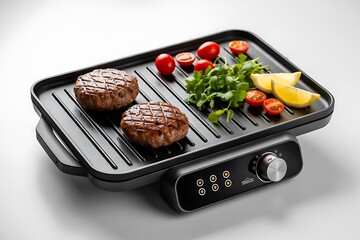 Grilled hamburgers on electric grill with fresh tomatoes and lemon