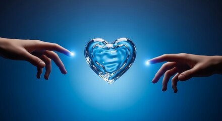 Two hands reaching for a heart made of water on a blue background