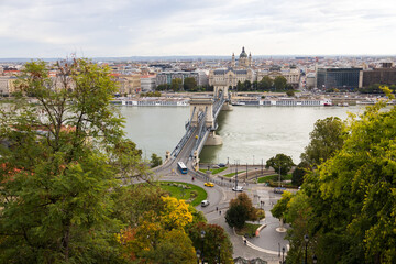 High angle view of the 2022 roundabout on Buda’s Clark Ádám Square, with the 1849 Széchenyi...