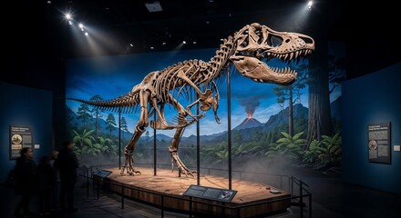 Tyrannosaurus rex skeleton exhibit in a museum with background scenery