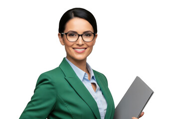 Professional businesswoman wearing glasses and a green blazer holding a document isolated on transparent background