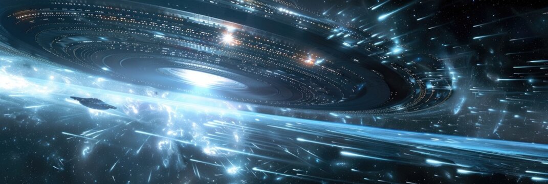 World Ufo Day, A futuristic space scene featuring a swirling galaxy with bright stars and light beams. horizontal banner, copy space, free space for text