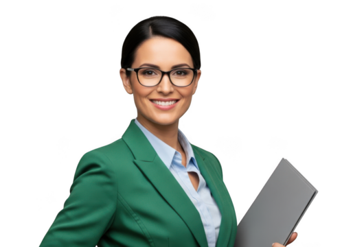 Professional businesswoman wearing glasses and a green blazer holding a document isolated on transparent background - Powered by Adobe