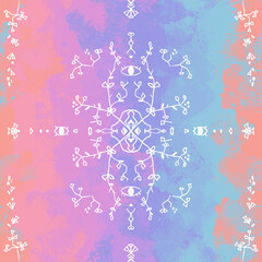Seamless Winter Mystic Mandala Pattern with Hand-Drawn Snowflake Symbols on Frosty Pastel Gradient Background, Ethnic Boho Decorative Design