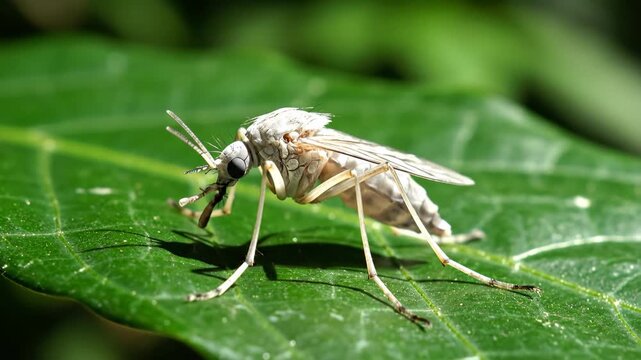 Mosquito with compound eyes and antennae details resting on a vibrant green leaf, depicting insect life and the delicate balance of nature in a tropical environment