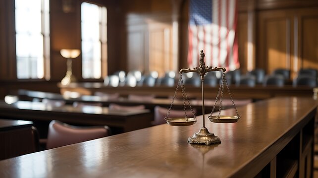Scales of justice in american courtroom - law & legal system - Powered by Adobe