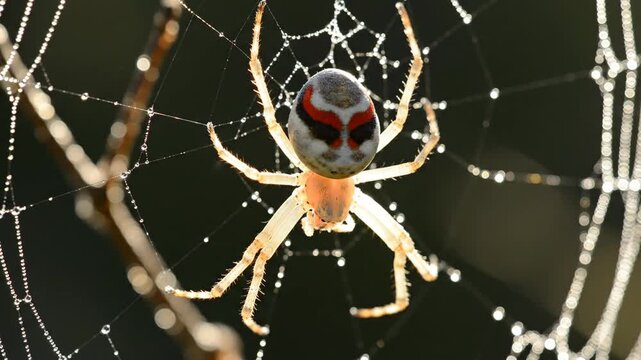 Close-up view of an intricate garden spider showcasing distinctive red and black patterns on its abdomen, patiently waiting on its glistening morning dewdrop-covered web