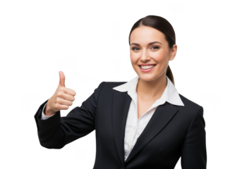 Smiling professional businesswoman in a dark suit and white shirt giving a thumbs up gesture isolated on transparent background