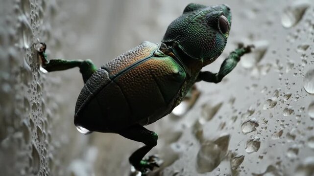 Futuristic creature combining a gecko head and a beetle shell, clinging to a rain-splattered surface, highlighting bio-engineering, artificial intelligence, and a blend of nature with technology