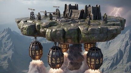 Epic flying island citadel with steampunk propulsion in stormy sky