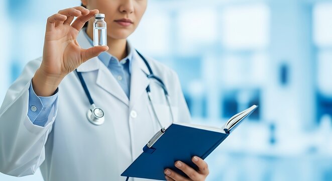 Female doctor holding a vial of medication in a hospital setting