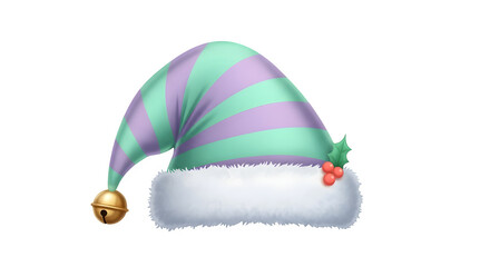 Striped elf hat with bell and holly isolated on transparent background