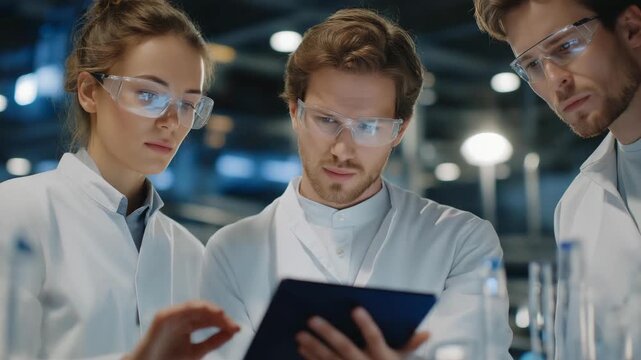 High-tech lab with AI controlling nano-scale chemical reactions, scientists observing holographic projections, symbolizing precision chemistry, automation, and futuristic molecular research.