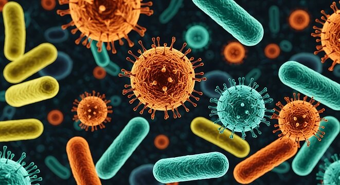 Microscopic view of bacteria and virus cells on dark background