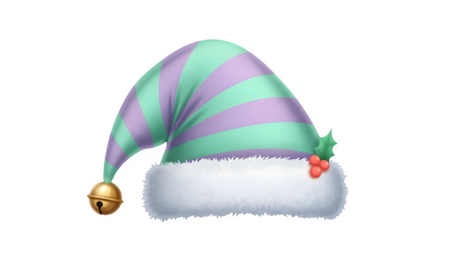 Striped elf hat with bell and holly isolated on transparent background - Powered by Adobe
