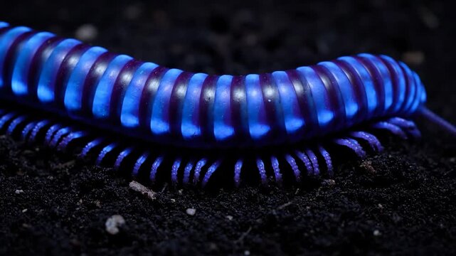 Bioluminescent millipede illuminating dark soil with striking blue glow, highlighting this unique insect's natural defense mechanism and captivating nighttime appearance