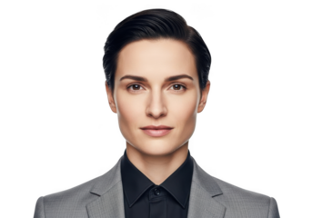 Professional portrait of a confident woman with short dark hair wearing a grey suit jacket isolated on transparent background