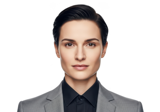 Professional portrait of a confident woman with short dark hair wearing a grey suit jacket isolated on transparent background