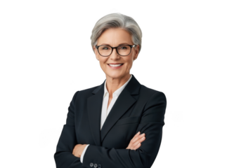 Professional senior woman with short grey hair wearing glasses and a suit smiling confidently with arms crossed isolated on transparent background
