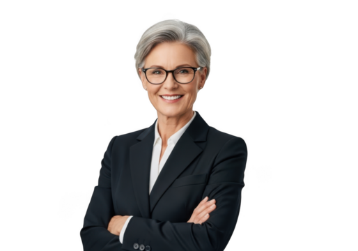 Professional senior woman with short grey hair wearing glasses and a suit smiling confidently with arms crossed isolated on transparent background