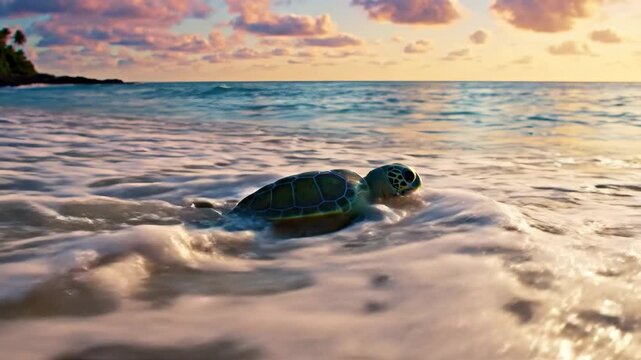 Baby sea turtle hatchling crawling across warm sandy beach toward foamy waves at sunset, beginning its solitary coastal journey under vibrant sky and glowing horizon