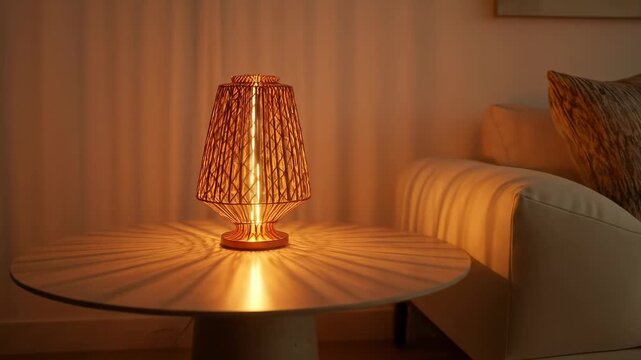 Warm interior shot with a glowing lamp on a round table, sofa and pillows