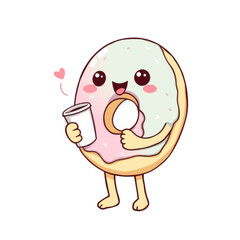 Obraz premium Cute cartoon donut character enjoying coffee with a happy face