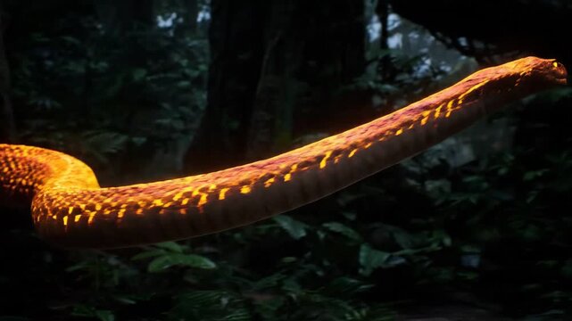 Glowing snake with luminous scales and sharp fangs slithering through a dark, mysterious tropical jungle environment, bringing a sense of fantasy and danger