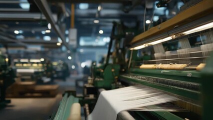 Industrial interior showcasing automated weaving lines managed by AI algorithms, emotion of control and technological excellence visible, symbolizing the future of textile manufacturing, smart