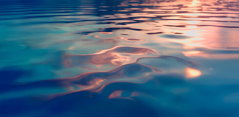 &Aacute;guas profundas em um mar m&aacute;gico de cores escuras e brilhantes no p&ocirc;r do sol alaranjado