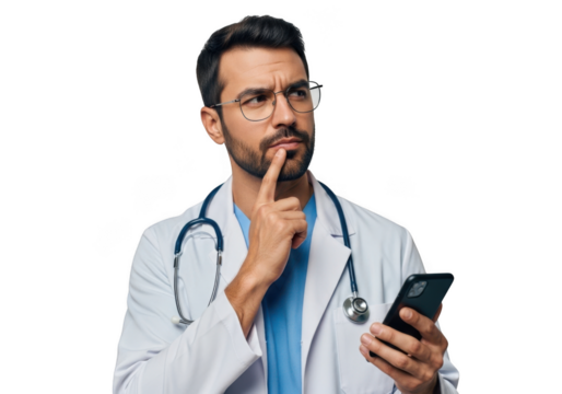 Doctor thinking with phone isolated on transparent background