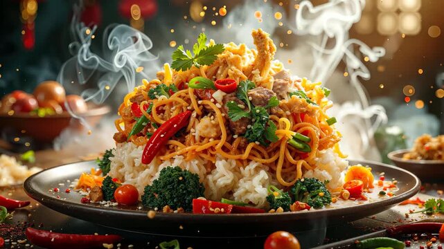 Dynamic asian stir fry noodles falling onto rice plate.