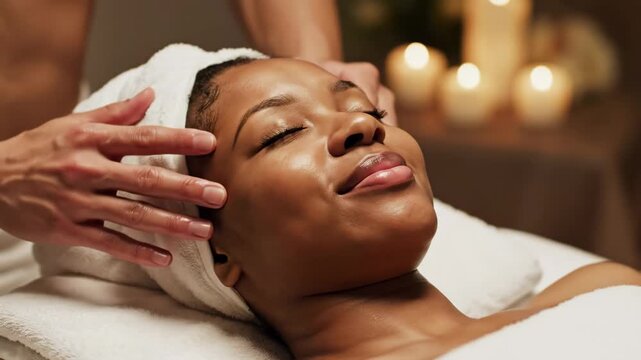 Woman with eyes closed experiencing a calming facial massage during a beauty treatment, promoting wellness and relaxation in a tranquil spa environment with soft candle lighting