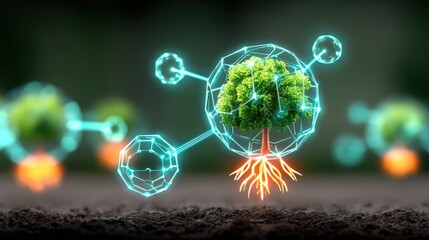Innovative environmental science concept featuring a tree model surrounded by molecular structures digital art abstract background close-up view