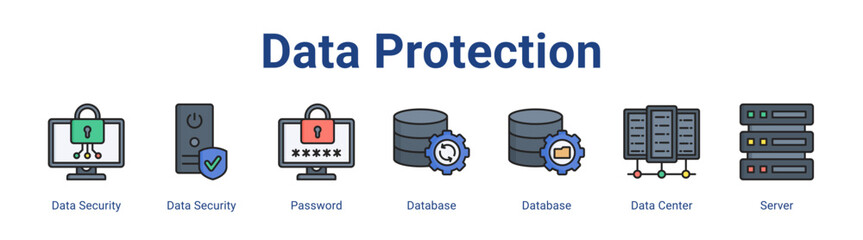 Data Protection web icon vector illustration concept with icon of Data Security, Data Security, Password, Database, Database, Data Center, Server,in modern flat vector style.