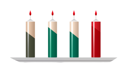 Four lit advent candles on a white shelf with a black background for a christmas celebration scene