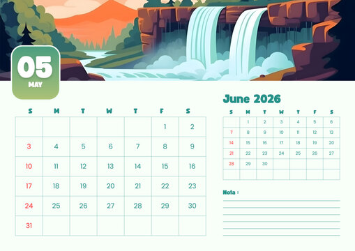 A 2026 calendar page for the months of May and June, featuring a modern vector illustration of a waterfall landscape.