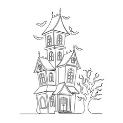 Obraz premium Haunted house illustration with bats and bare tree in Halloween style 