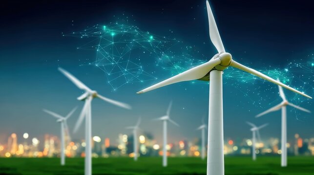Renewable energy innovations urban landscape wind turbines night view modern technology concept - Powered by Adobe